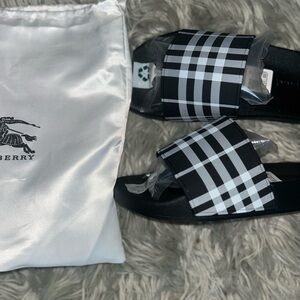 Burberry Black & White Plaid Slide Sandals